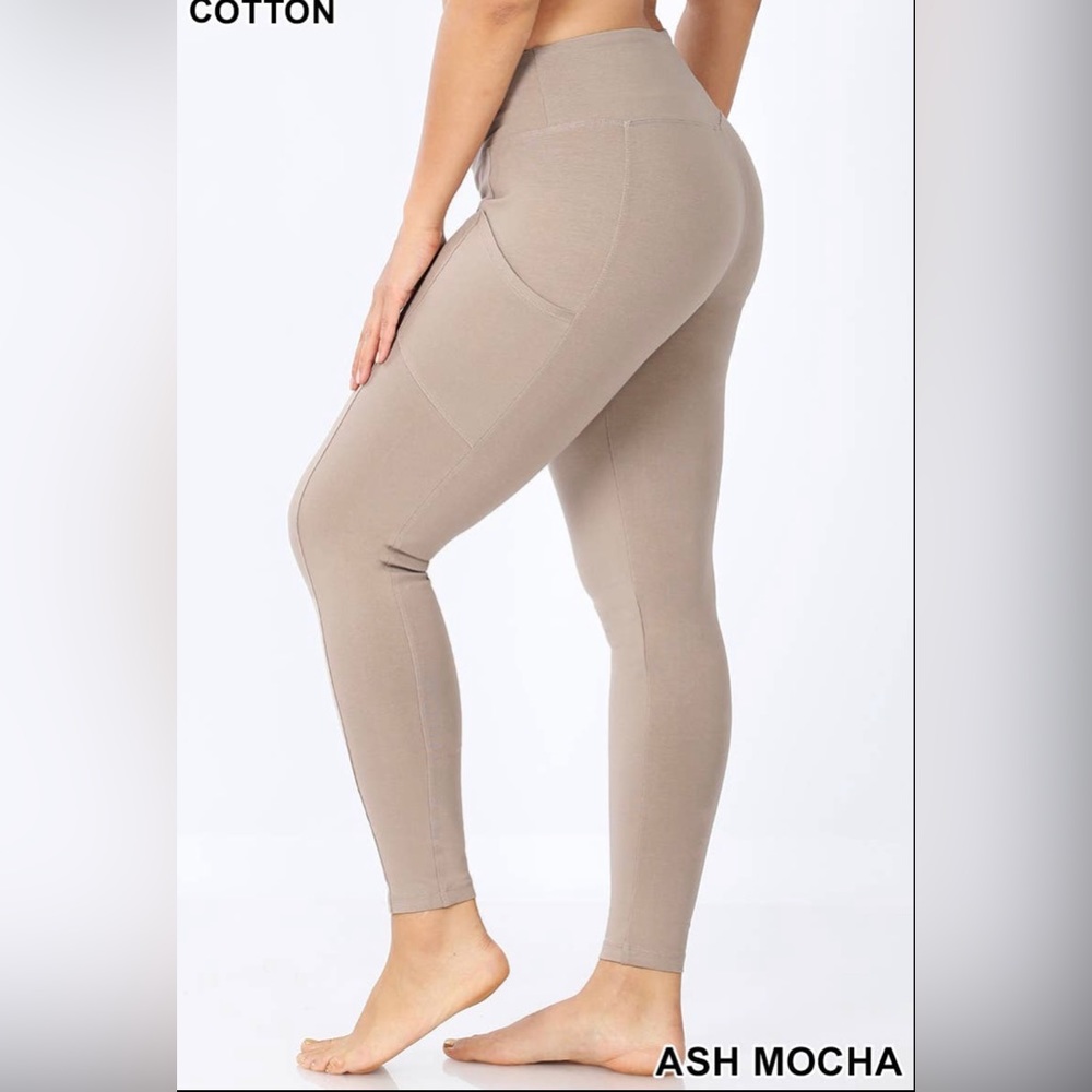 2X-Large W/Pockets Ash Mocha Plus Size Premium Cotton Waistband Leggings - Picture 2 of 6